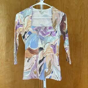 Ted‎ Baker Square Neck 3/4 Sleeve Top Abstract Print Size 0